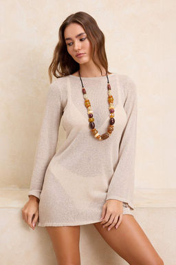 Bej Triko S?rt Detayl? Super Mini Plaj Elbisesi TBESS26EL00008