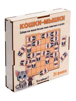Домино деревянное "Кошки - мышки" 24 фишки (04575) в дерев. коробке