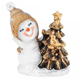 Скульптура-фигура для сада из полистоуна Снеговичок маленький у елочки с птичкой h11см (Россия)