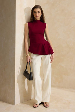 Bordo Asimetrik Godeli Dik Yaka Dokuma Bluz TWOSS26BZ00085