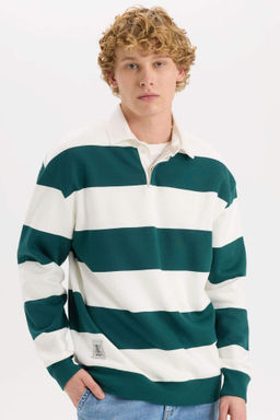 Boxy Fit Polo Yaka Cizgili Sweatshirt - Defacto фото 2