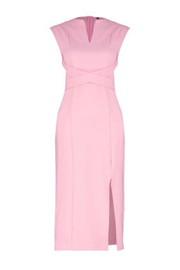 Pembe Vucudu Saran V Yaka Y?rtmac Detayl? Midi Kalem Etek Dokuma Elbise TWOSS24EL00606 - Trendyolmilla фото 7