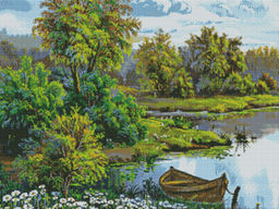 Вышивка крестиком 40х50см, Лодка у реки