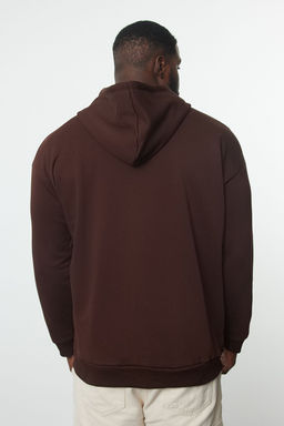 Kahverengi Buyuk Beden Oversize Basic Kapusonlu Fermuarl? Ici Polar Pamuk Sweatshirt TMNAW24AO00003