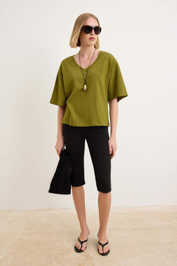 Yesil Oversize V Yaka Dusuk Kol Triko Gorunumlu Orme T-shirt TWOSS26TS00279 - Trendyolmilla фото 2