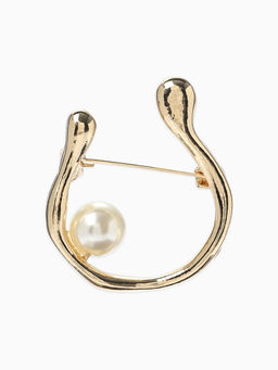 Брошь «Подкова», с бусиной №10, цвет белый в золоте