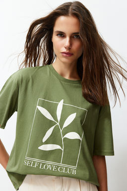 Haki %100 Pamuk Bask?l? Relaxed/Genis Rahat Kesim Bisiklet Yaka Orme T-Shirt TWOSS23TS00267