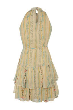 Sar? Cicek Desenli A-Kesim Boho Kat Kat Astarl? Sifon Ucus Ucus Dokuma Mini Elbise TWOSS23EL02056