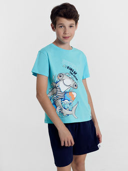 Комплект для мальчиков (футболка, шорты) бирюзовый с печатью