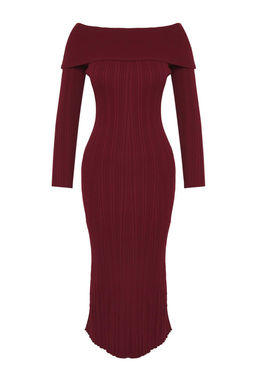 Bordo Duz Midi Midi Triko Basic Carmen Yaka Triko Elbise TWOAW25EL00033