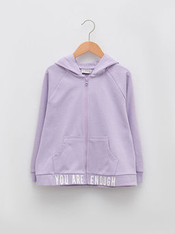 Kap??onlu Bask?l? Uzun Kollu K?z ?ocuk Fermuarl? Sweatshirt