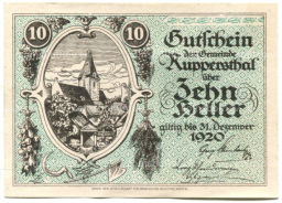 Банкнота 10 геллеров 1920 года Австрия Руппершталь (нотгельд)