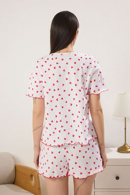 Trendyolmilla Beyaz 100% Pamuklu Kalpli Dantel ve Baby Overlok Detayl? Sortlu Orme Pijama Tak?m? THMSS25PT00396  фото 4