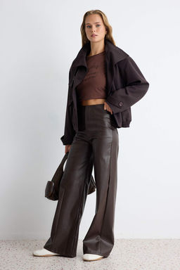 Kahverengi D_z Wide Leg/Geni_ Pa_a Suni Deri _rme Pantolon TWOAW27PL00024