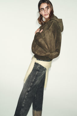 OVERSIZE FAUX SUEDE BOMBER JACKET WITH HOODIE