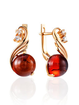 Женственные серьги Лебедь с натуральным коньячным янтарём и фианитами