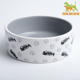 Миска керамическая Рыбные косточки и лапки 300 мл 12,5 x 4,5 cм, серая