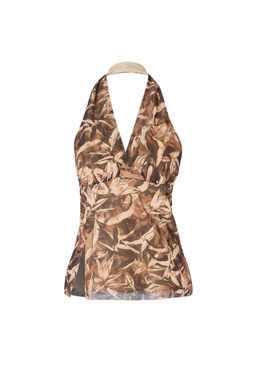 Cok Renkli Cicekli Fitted/Vucuda Oturan Boyundan Baglamal? Kolsuz Tul Orme Bluz TWOSS26BZ00561