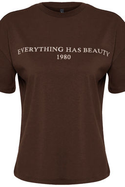 TRENDYOLMILLA Kahverengi %100 Pamuk Slogan Bask?l? Relaxed/Genis Rahat Kesim Orme T-Shirt TWOSS19GH0034  фото 22