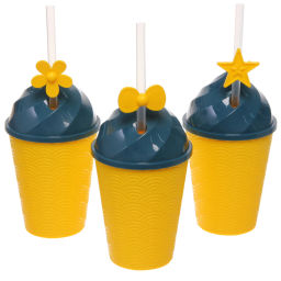 Цена за 6 шт. Стакан пластиковый 440мл "Мороженое" с трубочкой, цвета микс