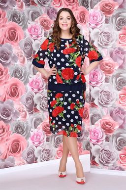 Платье синее в горох с красными гвоздиками