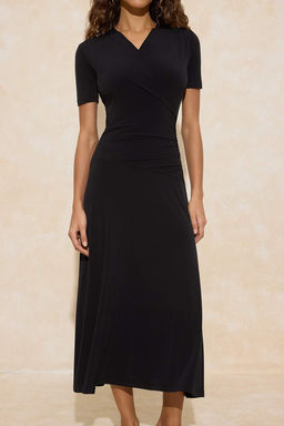 Siyah A-Kesim/Can Form Kruvaze K?sa Kollu Buzgulu Maxi Esnek Orme Elbise TWOSS26EL00023 - Trendyolmilla фото 5