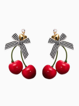 Серьги "Вишня с бантиками" текстиль, цветные в золоте