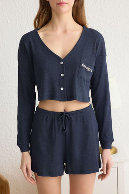 Trendyolmilla Bej Slogan Nak?sl? Fitilli Sortlu Orme Pijama Tak?m? THMAW22PT0229