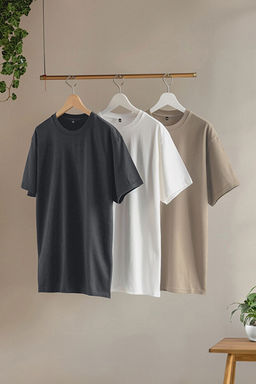 Ta_-Ekru-Antrasit Slim/Dar Kesim Bisiklet Yaka Basic %100 Pamuklu 3l_ Paket T-Shirt TMNSS19BO0007