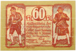 Банкнота 60 геллеров 1921 года Австрия община Лофер в Зальцбурге (Нотгельд)