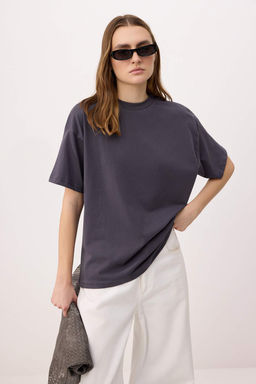 Antrasit Bask?l? Oversize/Genis Kal?p K?sa Kollu Tok %100 Pamuk Orme T-Shirt TWOSS26TS00180 - Trendyolmilla фото 2