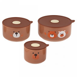 Три медведя Салатник-контейнер фарфоровый, набор 3 штуки: 300мл, д9,3х6,8см; 580мл, д12,6х7,1см; 820мл д14,9х7,3см, цветной, цвет - капучино, пластмассовая крышка, герметичная, с пароотводом, в подарочной коробке (Китай) - Домашняя мода фото 3