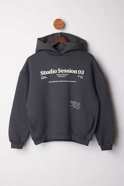 Antrasit Kal?n Ici Polarl? Kapusonlu Slogan Bask?l? Boxy Fit Orme Sweatshirt TWOAW26SW00217