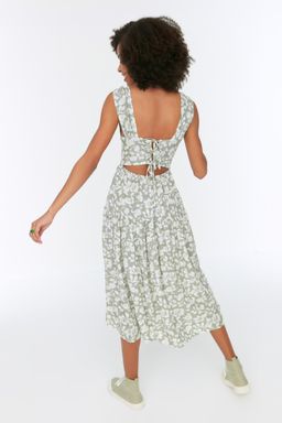 TRENDYOLMILLA Mavi Skater/Belden Ac?lan S?rt Detayl? Cicek Desenli Midi Dokuma Elbise TWOSS21EL0709  фото 13
