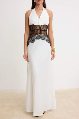 Beyaz Duz Siyah Dantel Detayl? Saten Maxi Abiye & Mezuniyet Elbisesi TPRSS26AE00214 - Trendyolmilla фото 3