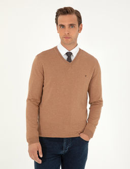 Camel Melanj Slim Fit V Yaka Basic Triko Kazak - Pierre cardin фото 3