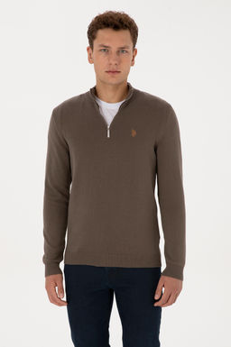 Erkek Slim Fit Yar_m Fermuarl_ Vizon Basic Kazak