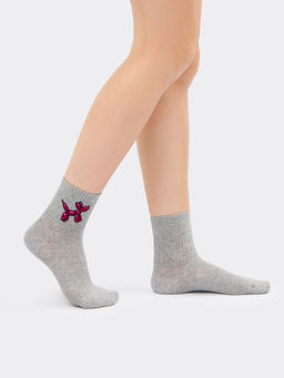 Цена за 5 пар! Носки женские серого цвета с рисунком надувной собачки