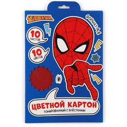 Цветной картон с блёстками, А4, 10 листов, 10 цветов, немелованный, двусторонний, в папке, 250 г/м², «Человек-паук»