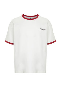 Ekru Oversize/Genis Kesim Bask?l? Renk Bloklu %100 Pamuklu T-Shirt TMNSS24TS00103