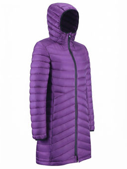Куртка женская удлинённая стёганая с капюшоном и графеновой подкладкой фиолетового цвета 9628_1F
