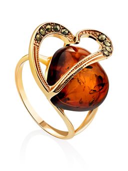 Красивое яркое кольцо из позолоченного серебра и натурального янтаря с марказитами Эйфория
