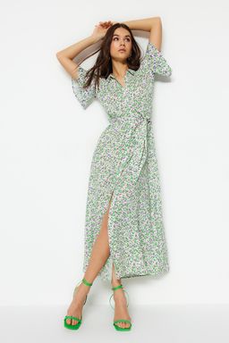 Mor Kusakl? Cicek Desenli Maxi Viskon Dokuma Gomlek Elbise TWOSS19EL0094