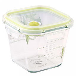 Контейнер стеклянный Ландыши 900мл, 13х13см h10,5см, боросиликатное стекло, с деколью, с мерной шкалой, квадратный, пластмассовая крышка с пароотводом, герметичная, с клипсами, с силиконовым уплотнителем (Китай)