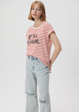 Love You Bask?l? Cizgili Istanbul Tisort