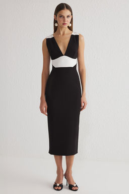 Siyah Beyaz V Yaka Dokuma Dugun/Nikah Uzun S?k Abiye Gece Mezuniyet Elbisesi TPRSS25EL00013