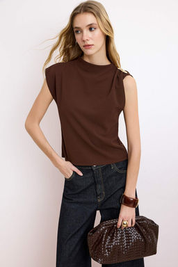 Kahverengi Fitted/Vucuda Oturan Aksesuar Detayl? Drapeli Esnek Orme Bluz TWOSS25BZ00044