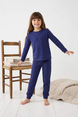 Lacivert Yumusak Dokulu Unisex Cocuk Orme Pijama Tak?m TKDAW25AU00095