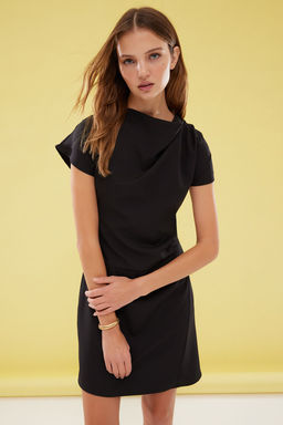 Siyah A Kesim Degaje Yaka Mini Dokuma Elbise TWOSS25EL00016