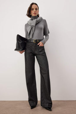 Siyah Yuksek Bel Cep Detayl? Raw Wide Leg Jeans TWOAW26JE00231